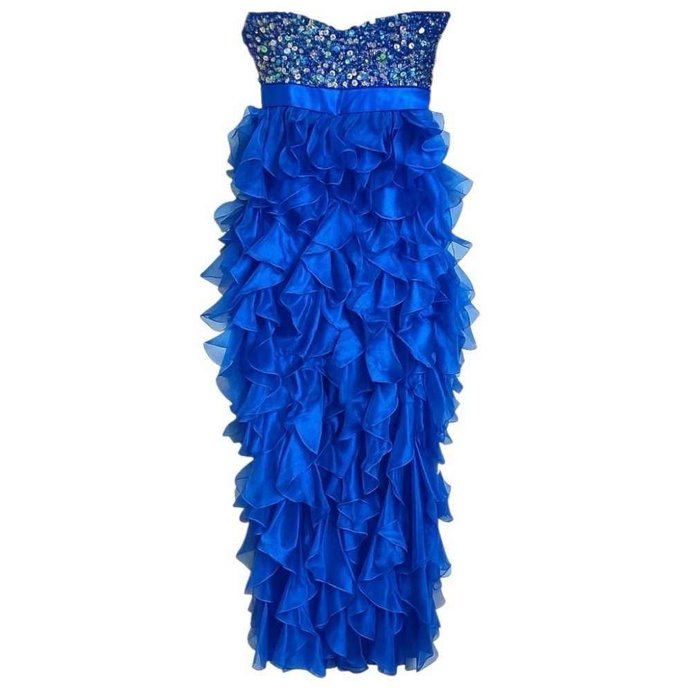Sherri Hill Royal Blue Strapless Beaded Ruffle Hi-Low Gown Dress Size 6 - Picture 2 of 5
